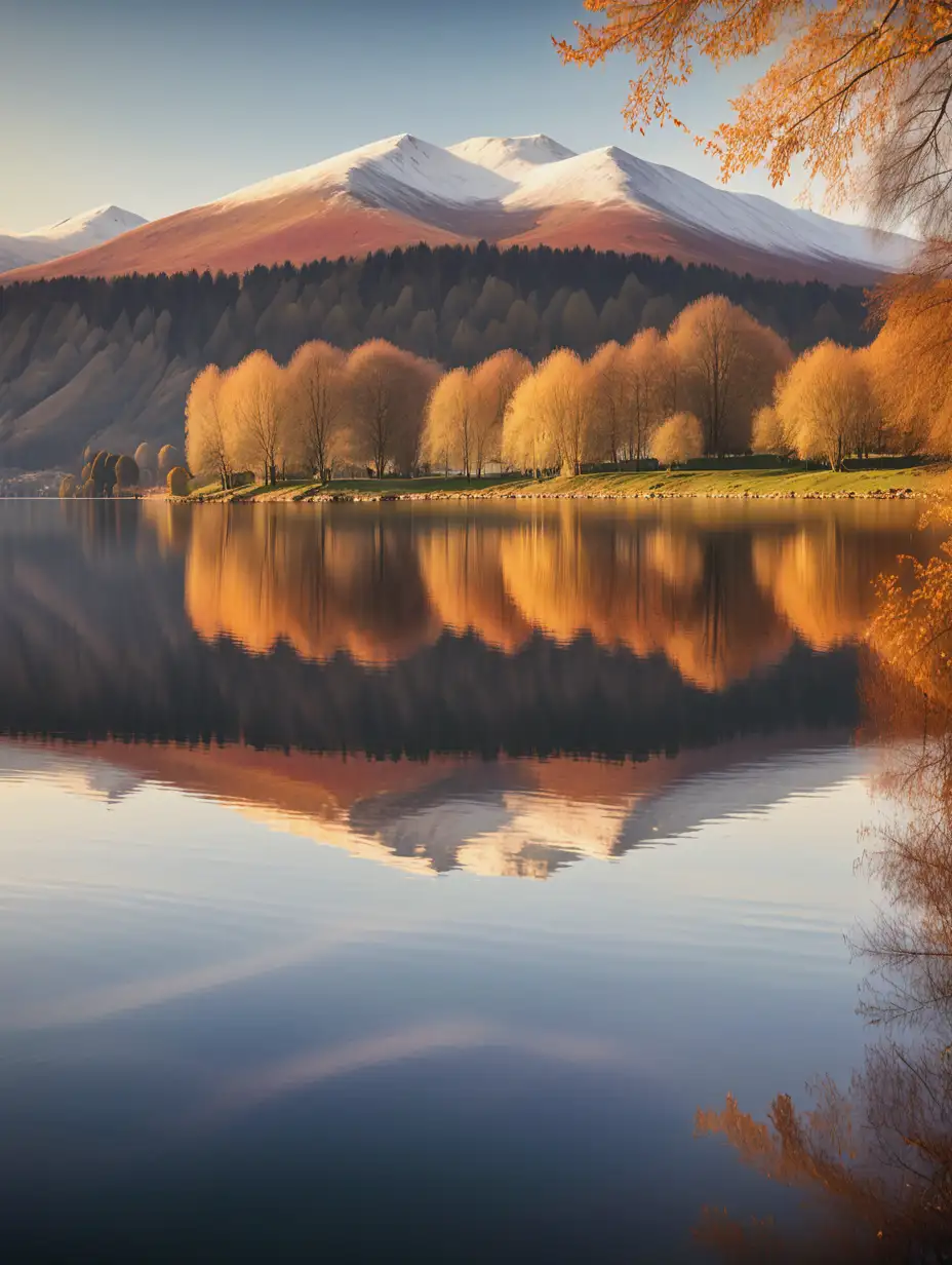 A tranquil lakeside scene at golden hour with soft sunlight, glassy water reflecting trees and distant snow capped hills, gentle ripples and calm atmosphere, mirror imaged in the lake, autumn colours coming in