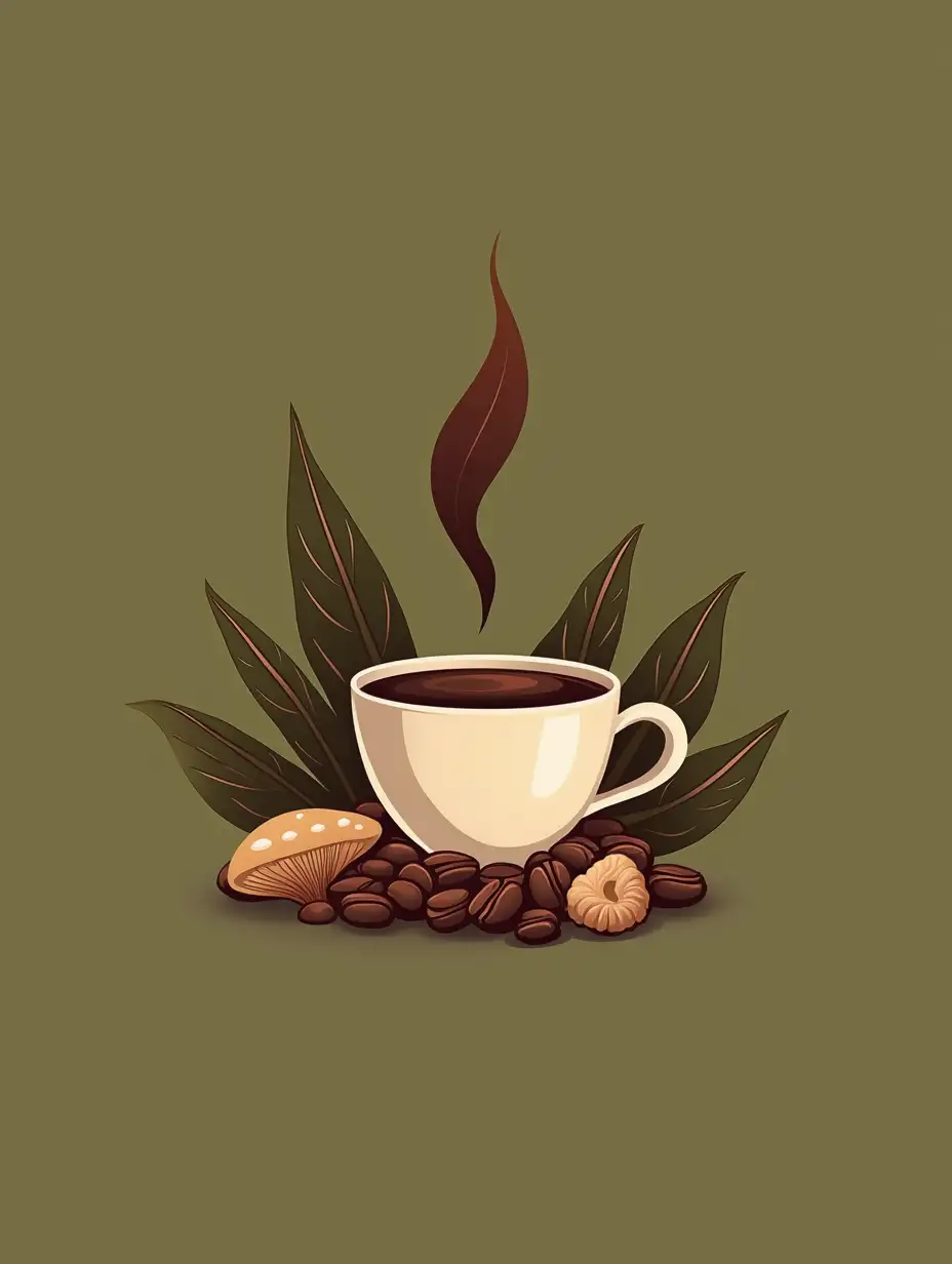 Design a modern and elegant logo for a halal-certified coffee brand infused with adaptogenic mushrooms. The logo should blend traditional Albanian coffee culture with a natural, wellness-focused aesthetic. Use warm, earthy tones like deep brown, beige, and forest green. Incorporate elements such as a steaming coffee cup, coffee beans, and mushrooms (like Reishi or Lion’s Mane). To subtly indicate halal certification, consider using Arabic calligraphy, a 'Halal' mark, or organic, clean design elements that convey purity and authenticity. The logo should feel premium, organic, and inviting, appealing to both health-conscious professionals and traditional coffee lovers.