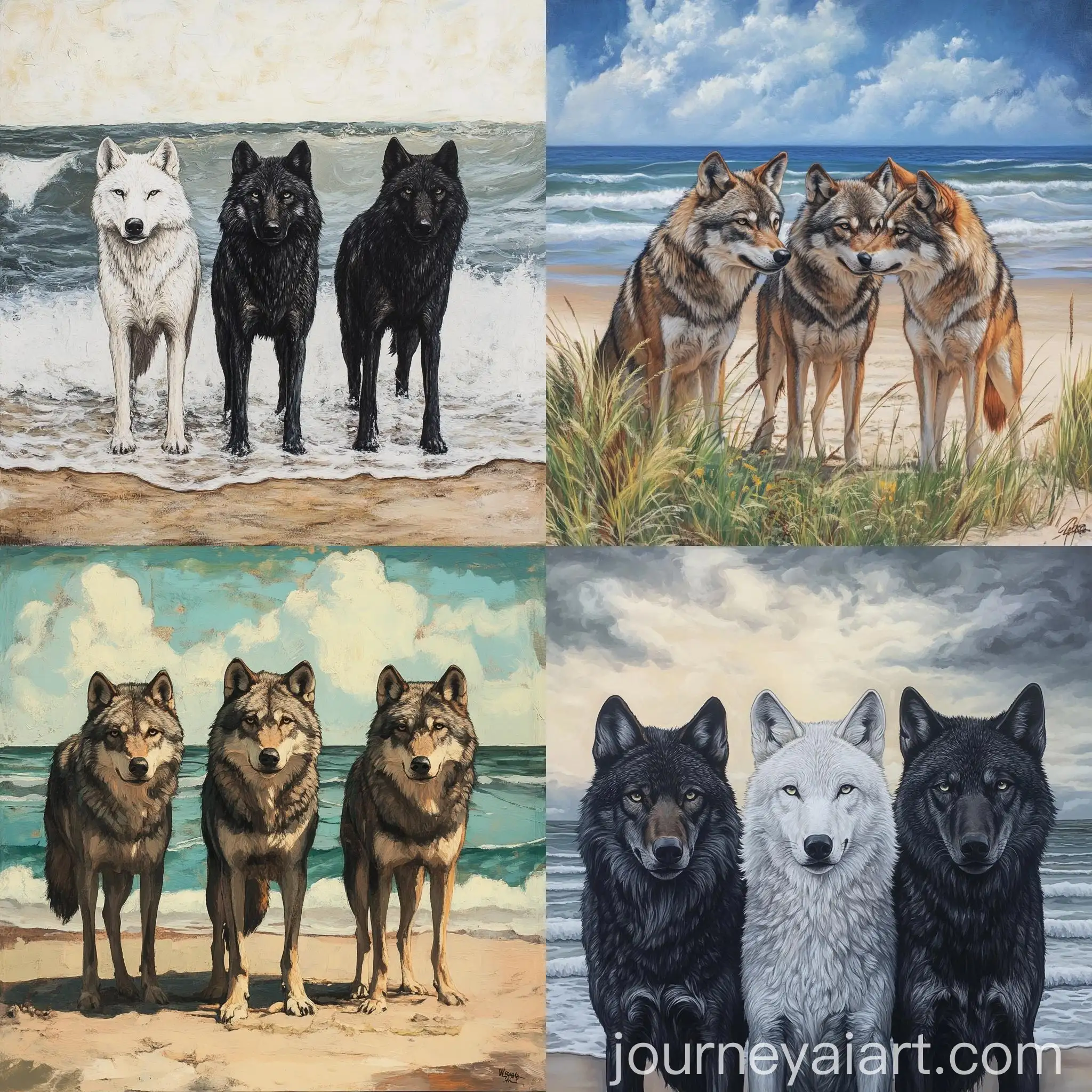 Three-Wolves-Enjoying-the-Beach-at-Sunset