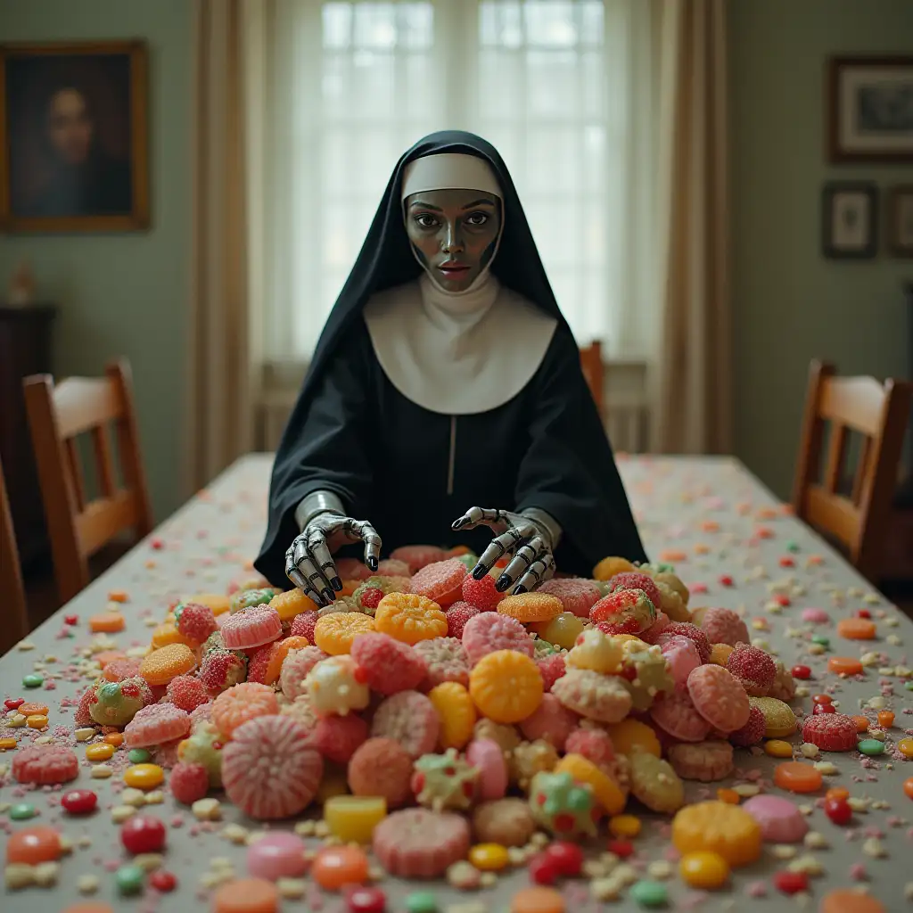 robot nun action photography,indoor setting,chairs visible,cluttered table,neutral colors,close-up shot,straight angle,centered subject,on a floating island made entirely of candy and sweets,movie still,accent lighting,intricate and low contrast detailed,Rectangular (Tetradic) color palette,shot on Panasonic Lumix GH5 with Leica DG 25mm f-1.4,photo by Guy Aroch