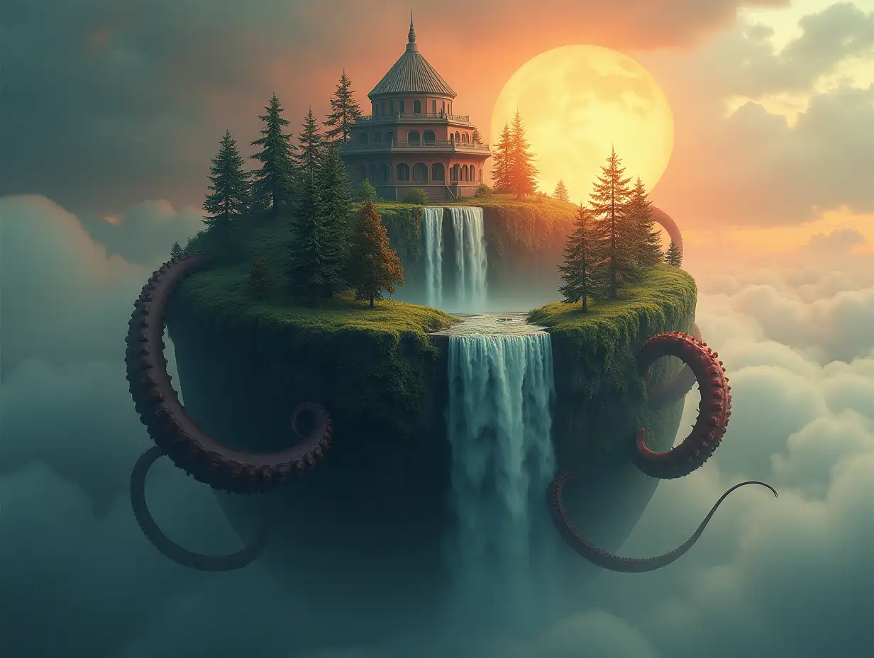 Create a globe, out of whose upper half a building, forest, waterfall comes out and a giant squid holds the globe with its tentacles   Overview red fog and sun