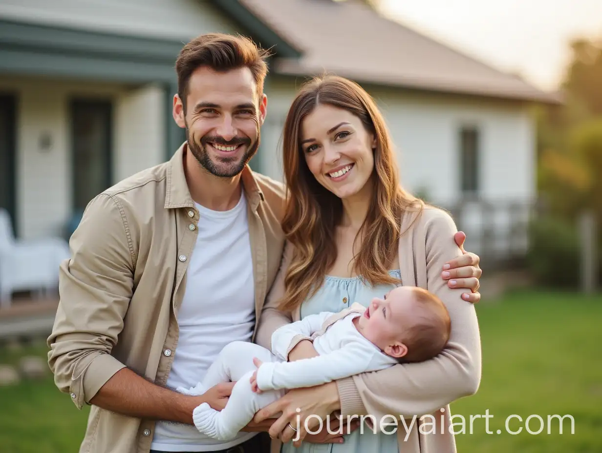 Family-Portrait-with-Young-Parents-and-Baby-in-Front-of-a-Cozy-House