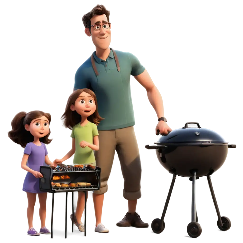 Family-BBQ-Dad-Grilling-with-Daughter-and-Wife-PIXAR-Style-PNG-Image