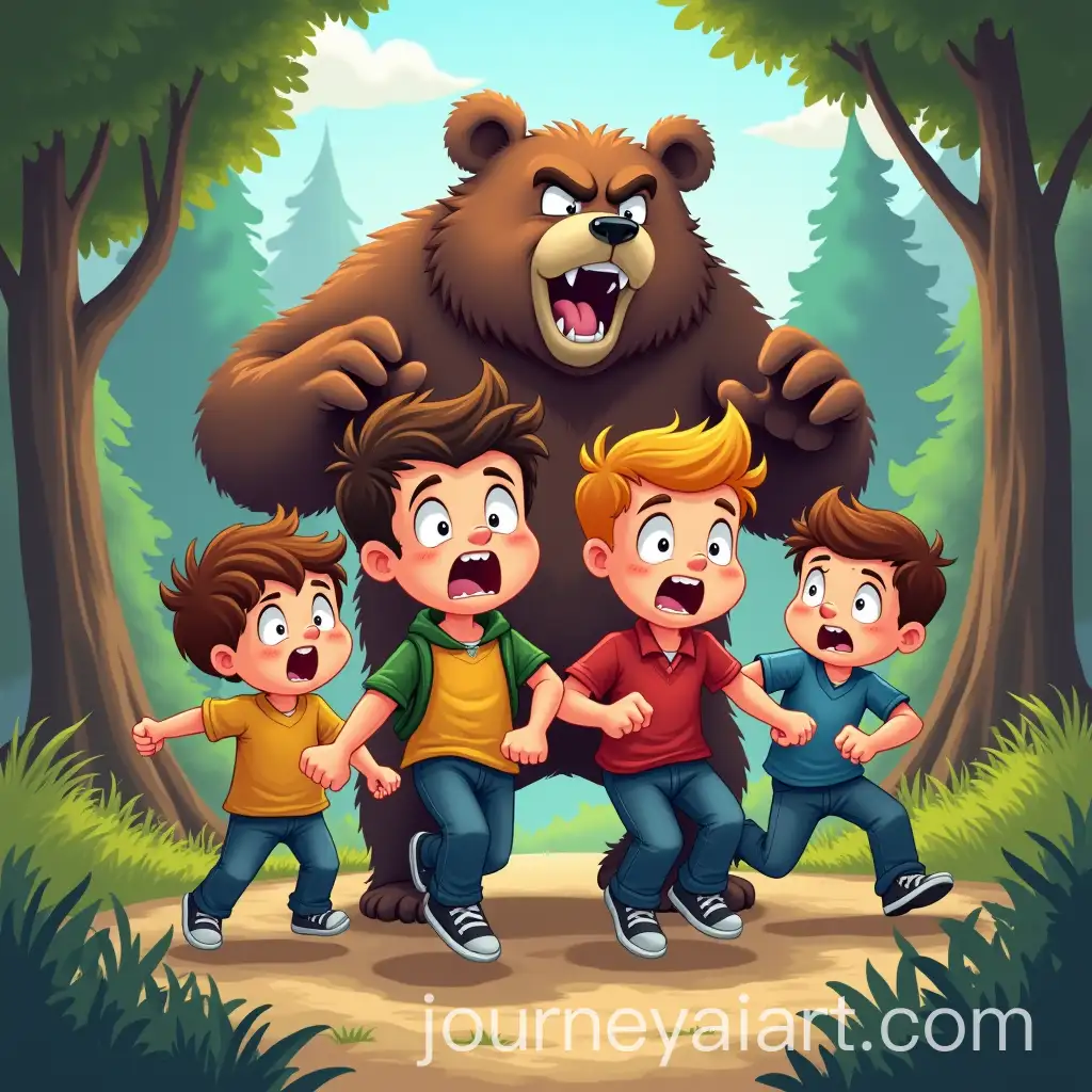 Teenage-Boys-Running-from-Angry-Bear-in-Cartoon-Style