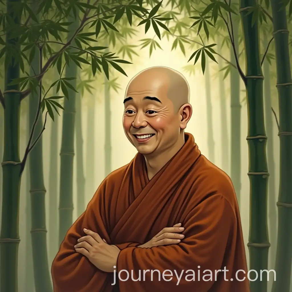 Serene-Chinese-Monk-Smiling-Beneath-Bamboo-Tree-in-Tranquil-Setting