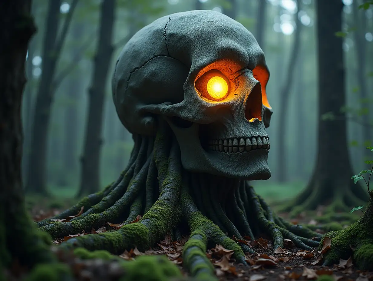 Head with StoneHelm, roots transformed into building in forest with lighting