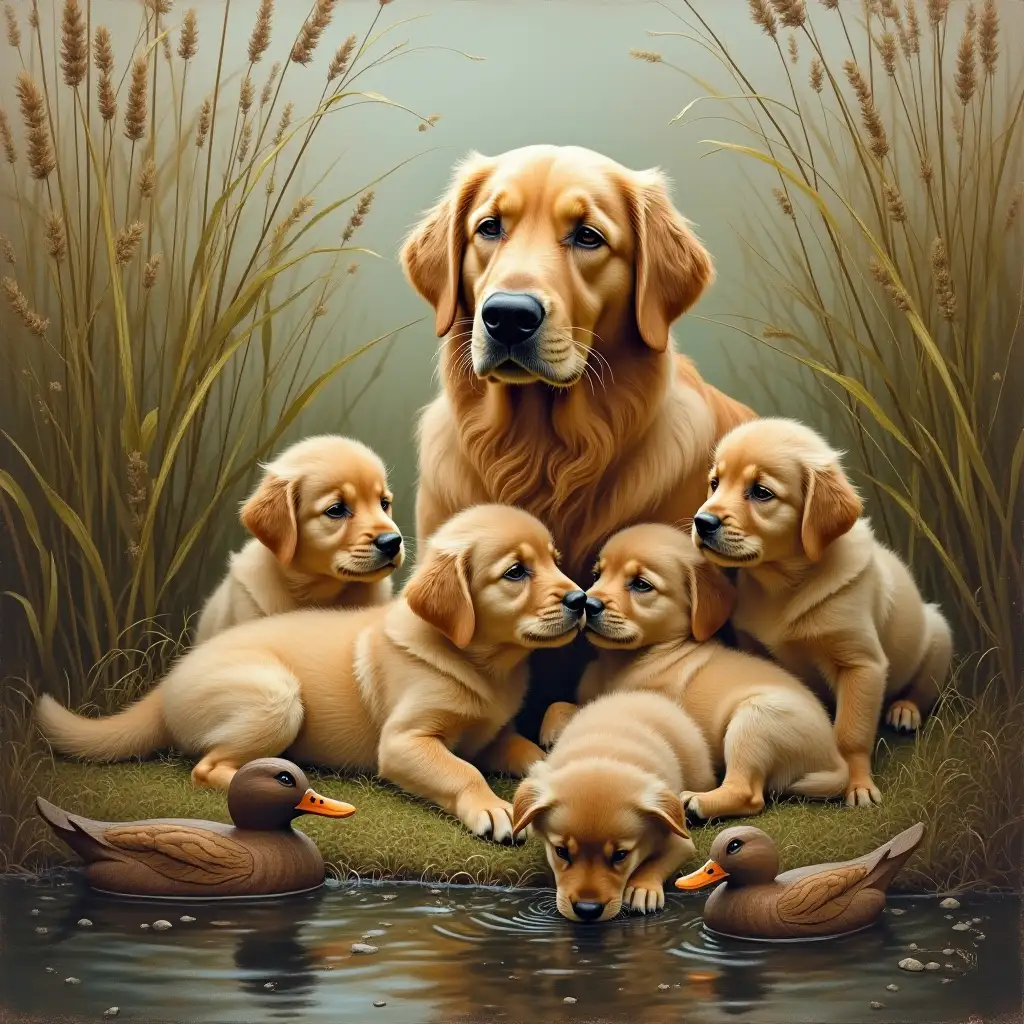 Golden Retriever and Puppies in Natural Sanctuary with Duck Decoys