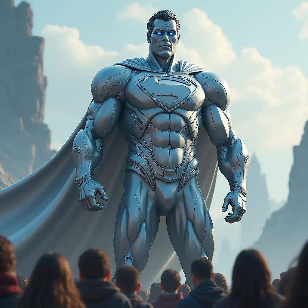 Silver titan superman, large muscles, silvery gleaming skin blue eyes 10 meters tall with cape, pretty hair, many people