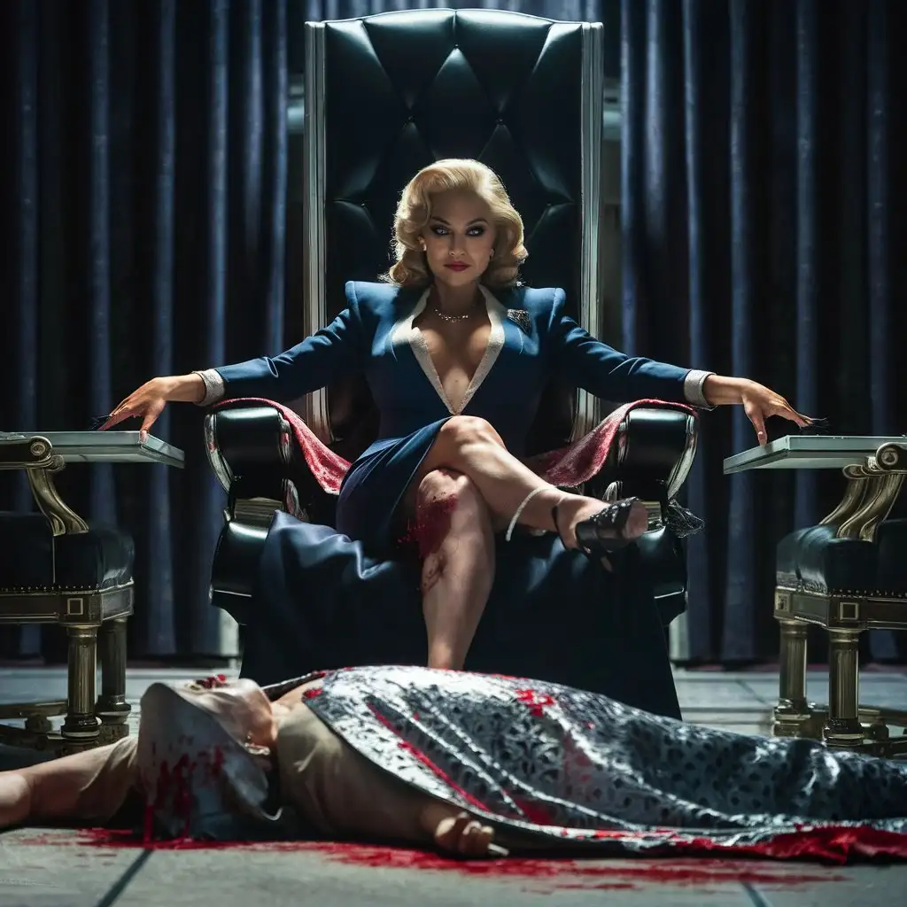 A chilling cinematic photo of a seductive and powerful mature woman in a luxurious office setting. She is dressed in a sophisticated suit with a low-cut blouse, her beauty enhanced by bold makeup and an alluring expression. Her eyes are fixated on a ((((freshly killed victim lying on the floor)))), while she luxuriously lounges on a huge, high-backed chair. The victim, with lifeless eyes, is partially covered by a silver and red patterned blanket. The room, bathed in dim lighting, features luxurious furniture and dark, heavy curtains, creating an eerie and opulent atmosphere., cinematic, photo