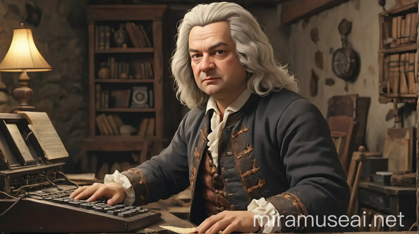 Baroque Composer Johann Sebastian Bach Typing on Vintage Computer