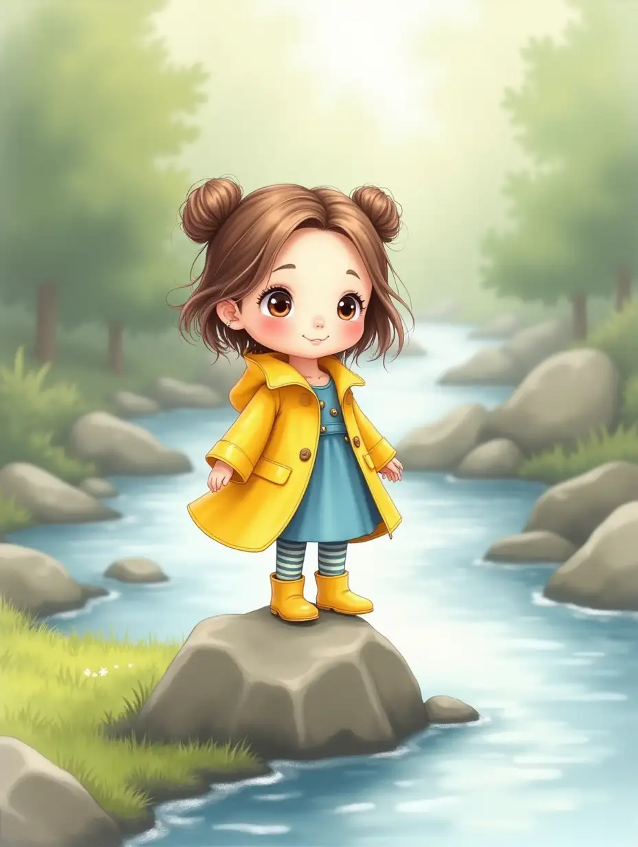 Create a watercolor-style image of a whimsical doll-like character standing on a rocky outcrop near a gentle stream. The character has a sweet, playful expression with large, soft eyes and rosy cheeks. She wears a bright yellow raincoat over a flowing blue dress, along with striped leggings and small yellow boots. Her hair is styled in two loose buns. The background features soft, blurred edges with rocks and a softly flowing stream surrounded by lush greenery. The watercolor style should emphasize delicate washes of color, soft gradients, and a light, dreamy atmosphere.