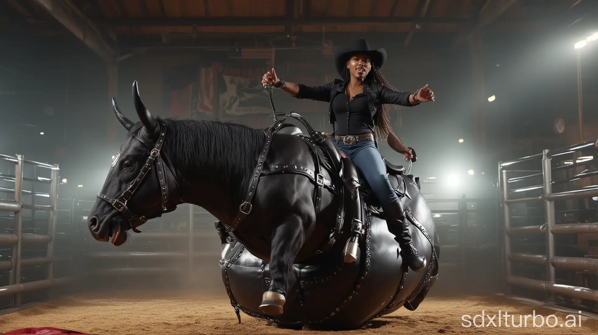 Black-Female-Rider-on-Mechanical-Bull-in-Western-Cowboy-Style