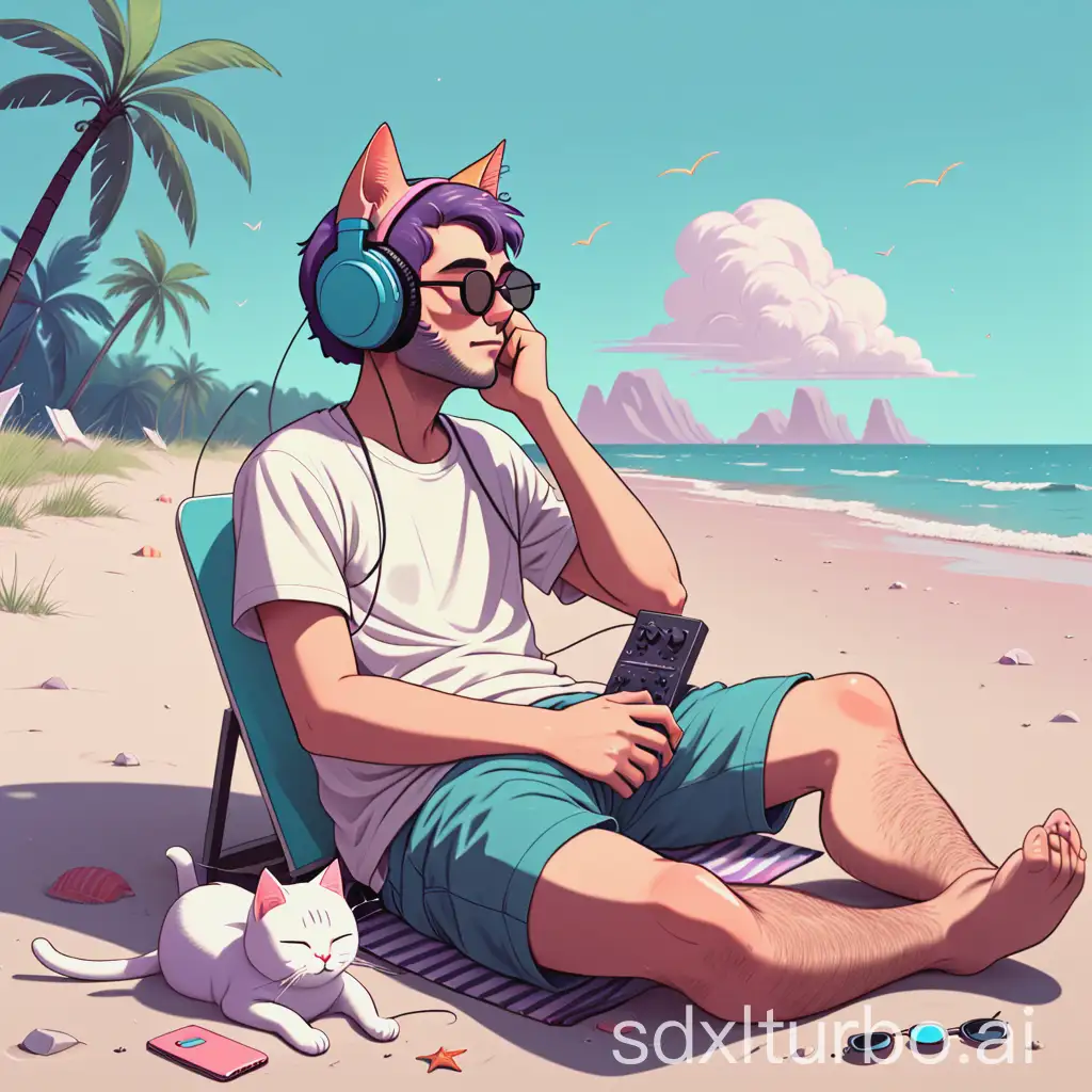 guy with head cat like kajit chilling on beach listening music and dreaming lofi style