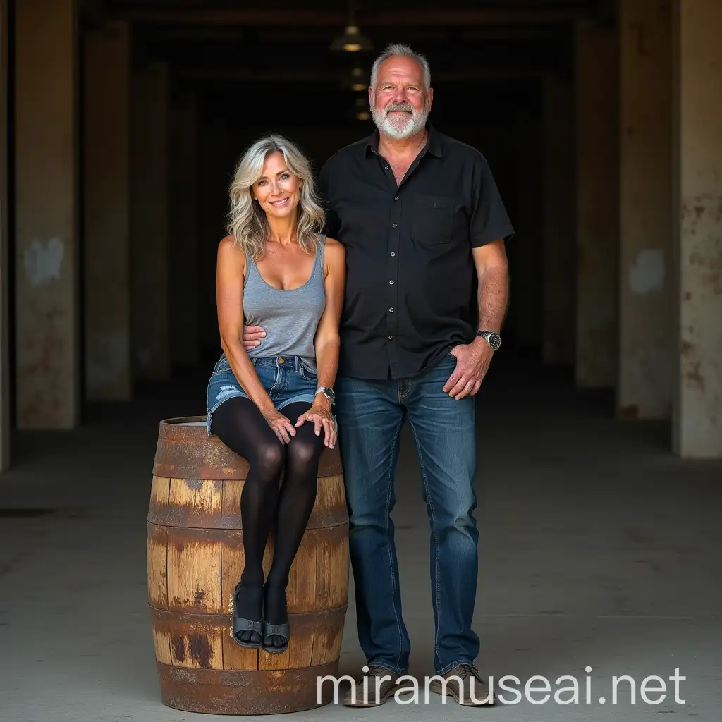 full body portrait of married couple, beautiful tall and fit, 62 year old woman, with wavy silver hair parted of the side, she is wearing jean shorts, black wool reinforced toe pantyhose tights, grey tank top, sitting on a 55 gallon rusted steel barrel on at all wooded platform with her stocky 57 year old man with small white beard wearing long levi blue jeans, black button down short sleeve shirt, standing the tall wooden platform on top of  concrete floor of old warehouse next to the barrel both looking at the camera