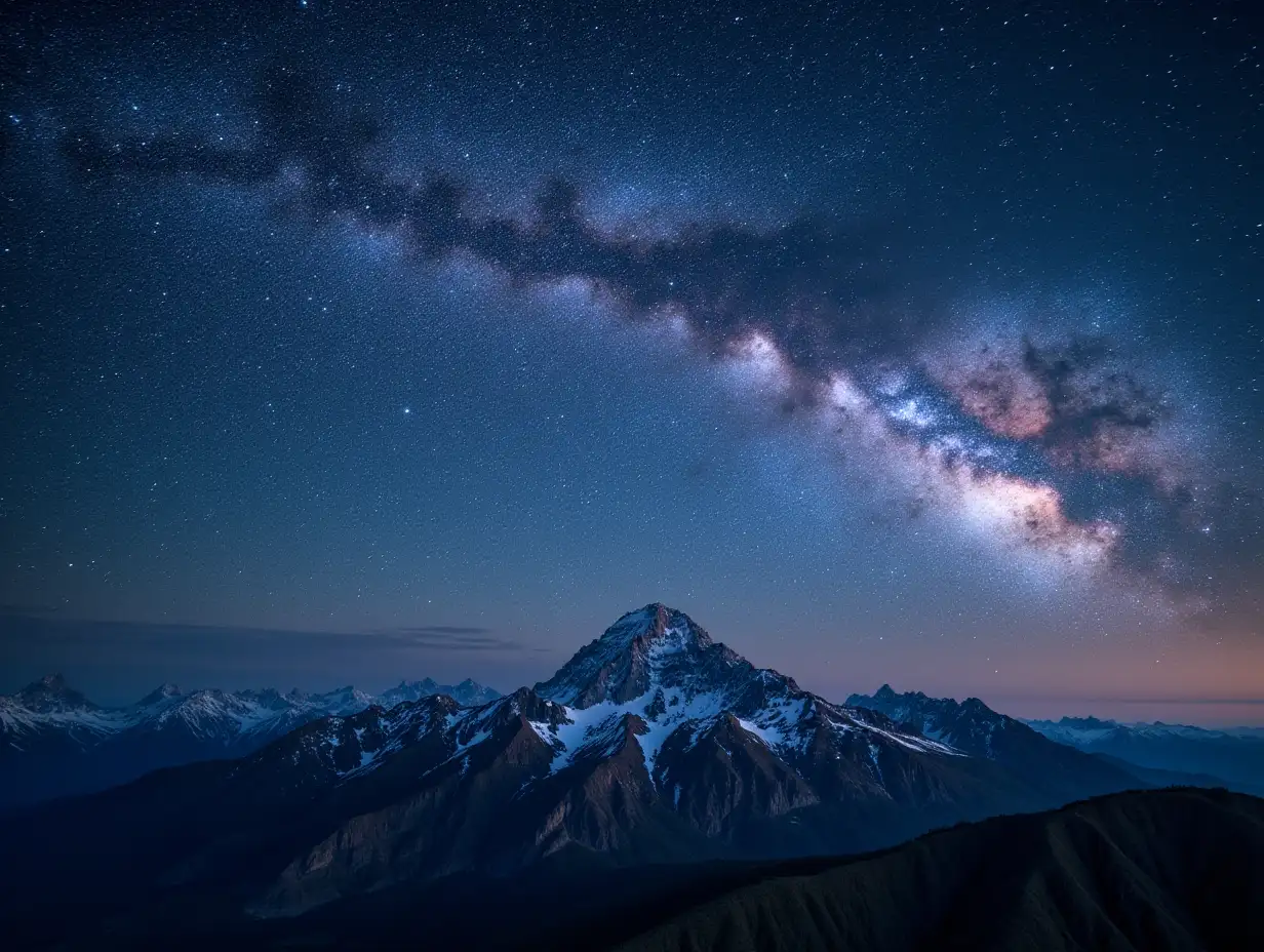 Starry-Milky-Way-Arch-Over-SnowCapped-Mountains-at-Night