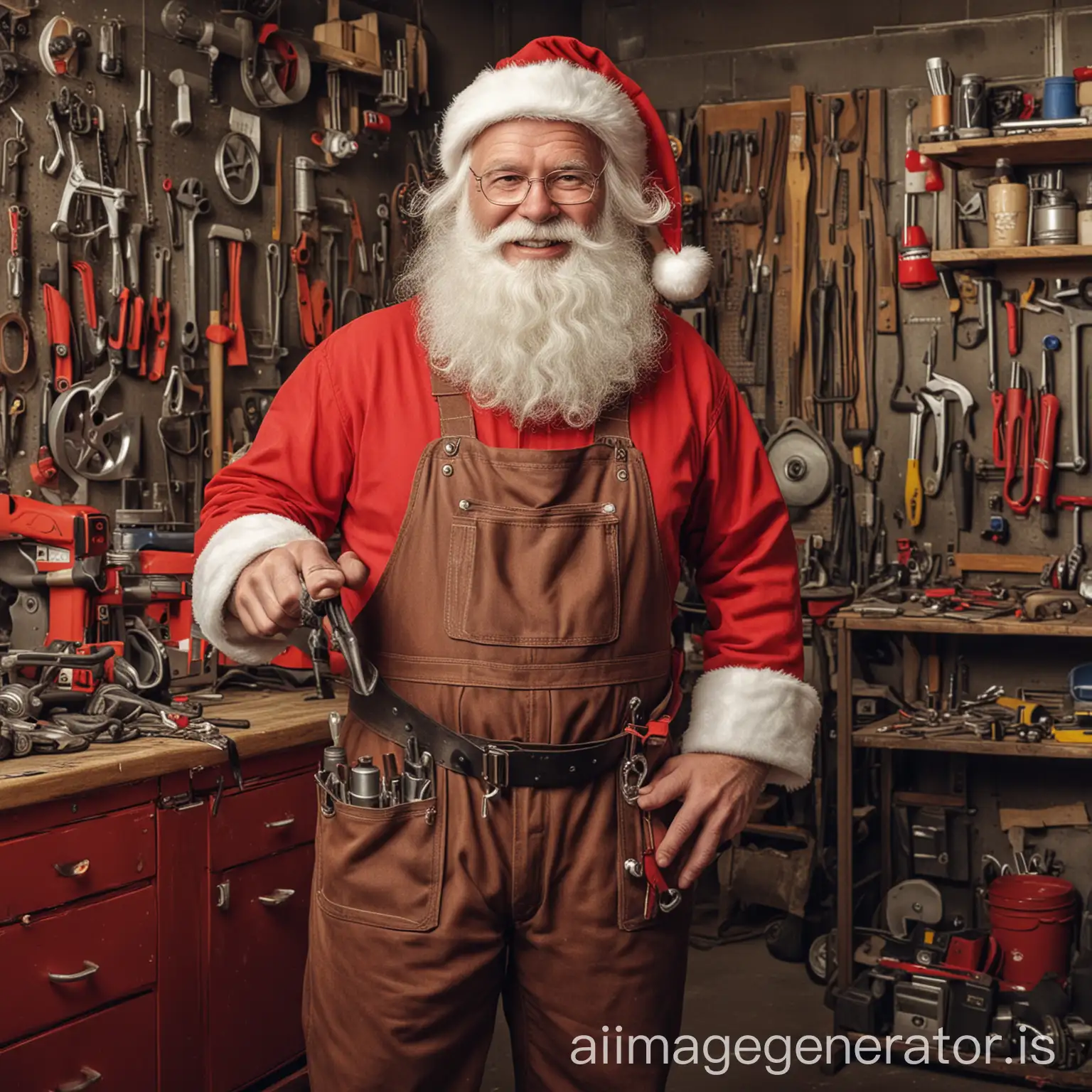 Santa Claus mechanic proud in the tool room