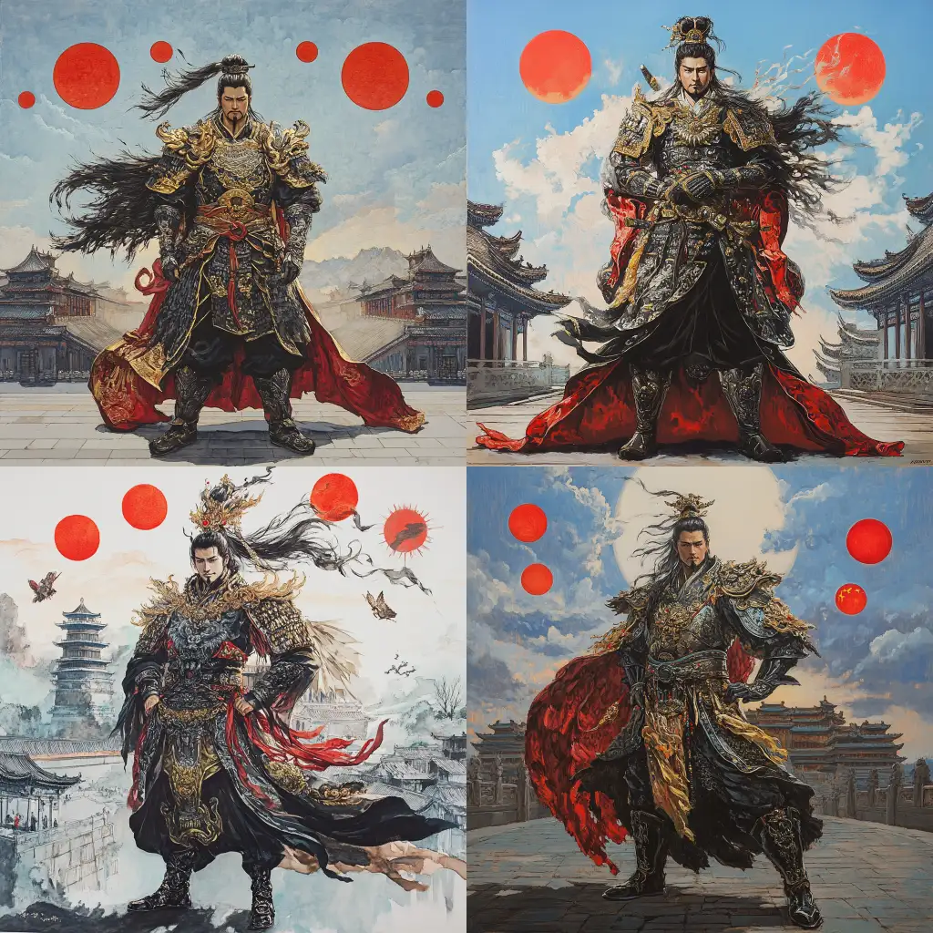 Full-Body-Portrait-of-a-Chinese-Emperor-in-Imperial-Palace-with-Three-Red-Suns-in-the-Sky