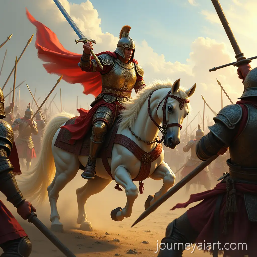 Majapahit-Kingdom-Battle-Scene-HeroicAI-Art-Prompt-Expansion-Sword-Leap-and-Archers-Aiming