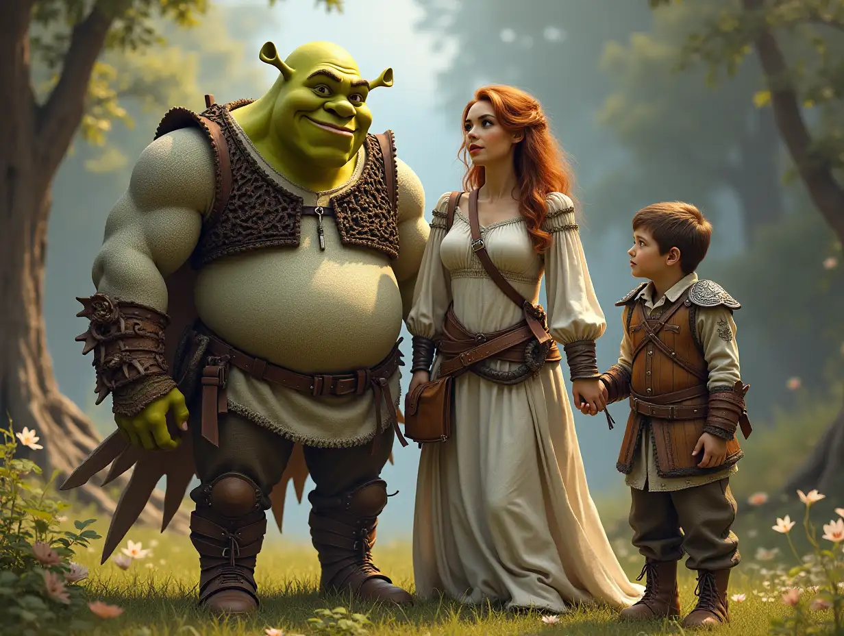 Ki-Fantasy-Family,Man,Woman, and Children, Shrek in white with wooden armor equipment