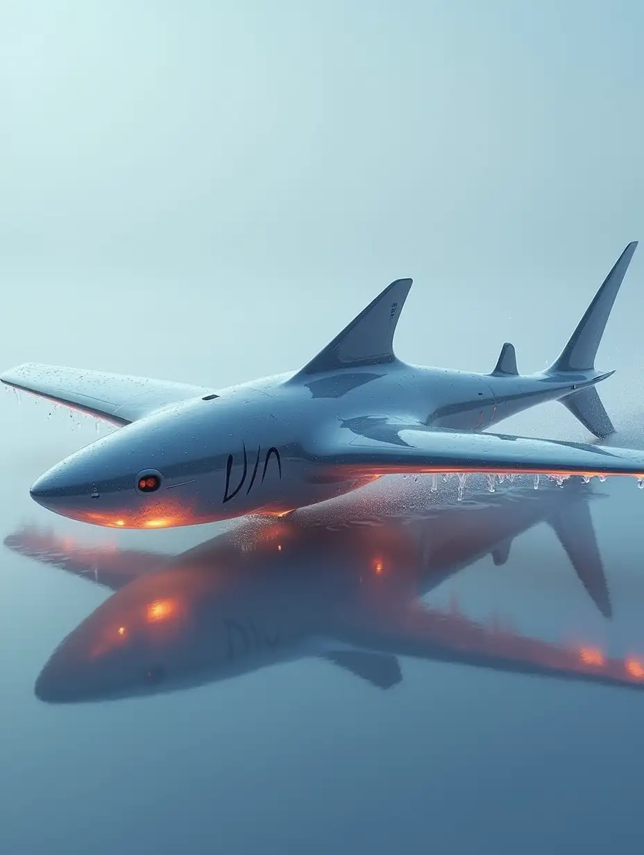 Futuristic industrial design | A drone concept inspired by grey and orange shark and manta ray made of clear ice | Sleek, aerodynamic form with smooth curves and sharp edges | Dynamic, wide-angle view emphasizing movement and agility | Soft, metallic lighting reflecting off its sleek surface | Shark-like nose; manta ray wings; streamlined, modern aesthetic --ar 16:9 --stylize 0 --v 6.1