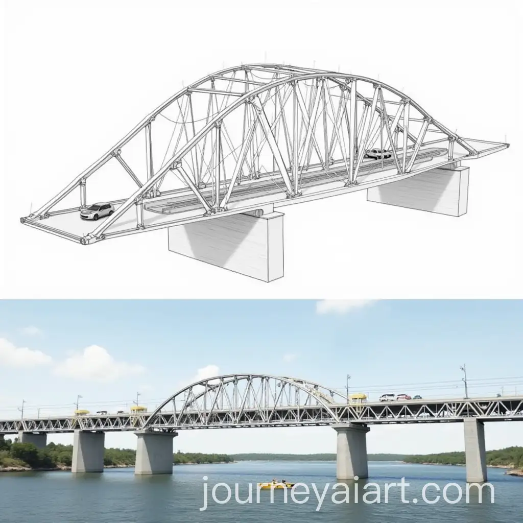 Bridge-Structure-Diagram-and-Realistic-Image-of-Completed-Bridge-with-Cars