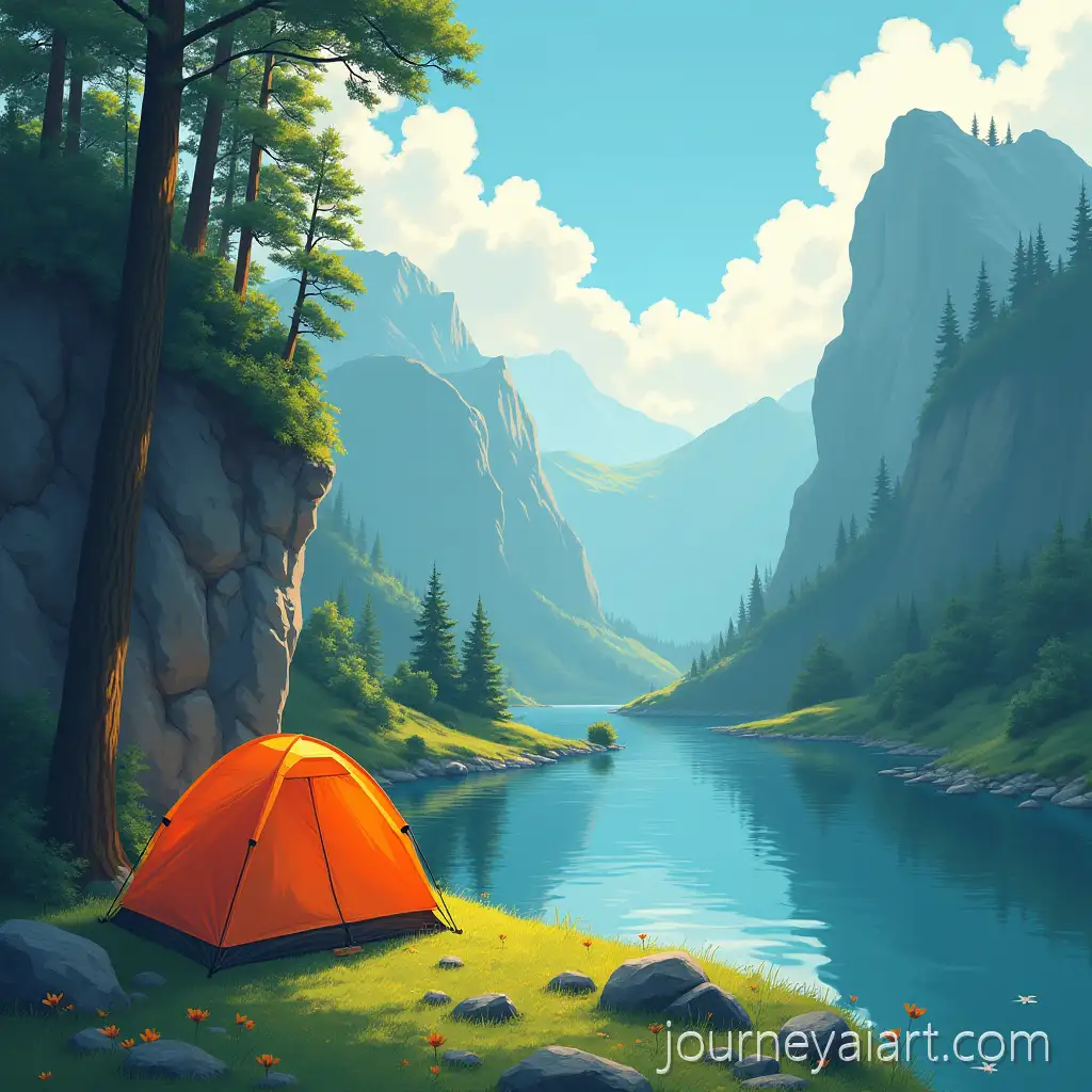 Studio-GCliffside-camping-scenehibliStyle-Cliffside-Camping-Scene-with-Orange-Tent-and-River-View