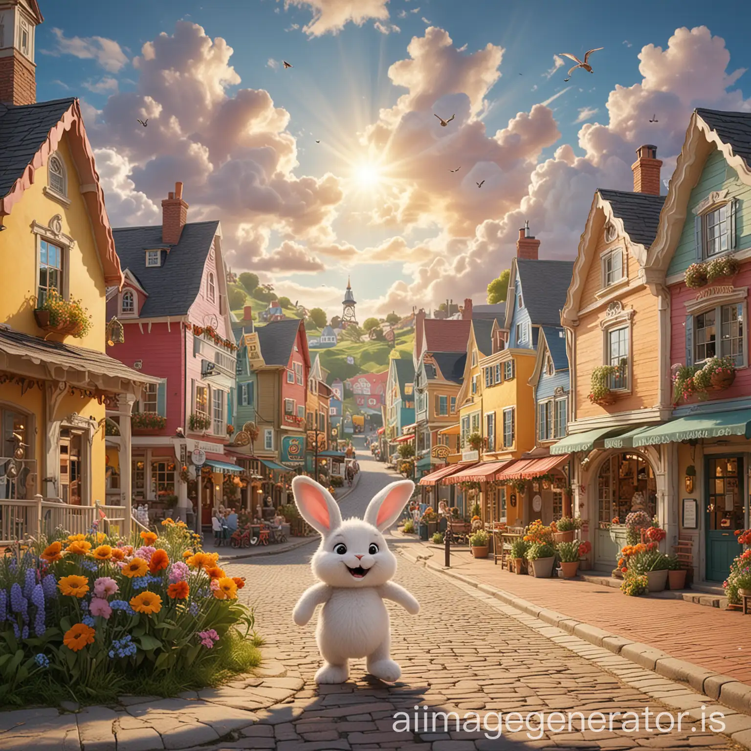 A vibrant, whimsical land with rolling hills, colorful houses, and playful animals. A lively town square with shops and a playground. A cheerful sun and fluffy clouds add to the whimsical atmosphere. Benny the bunny, a small, fluffy character with a mischievous grin, is seen hopping joyfully through the town.