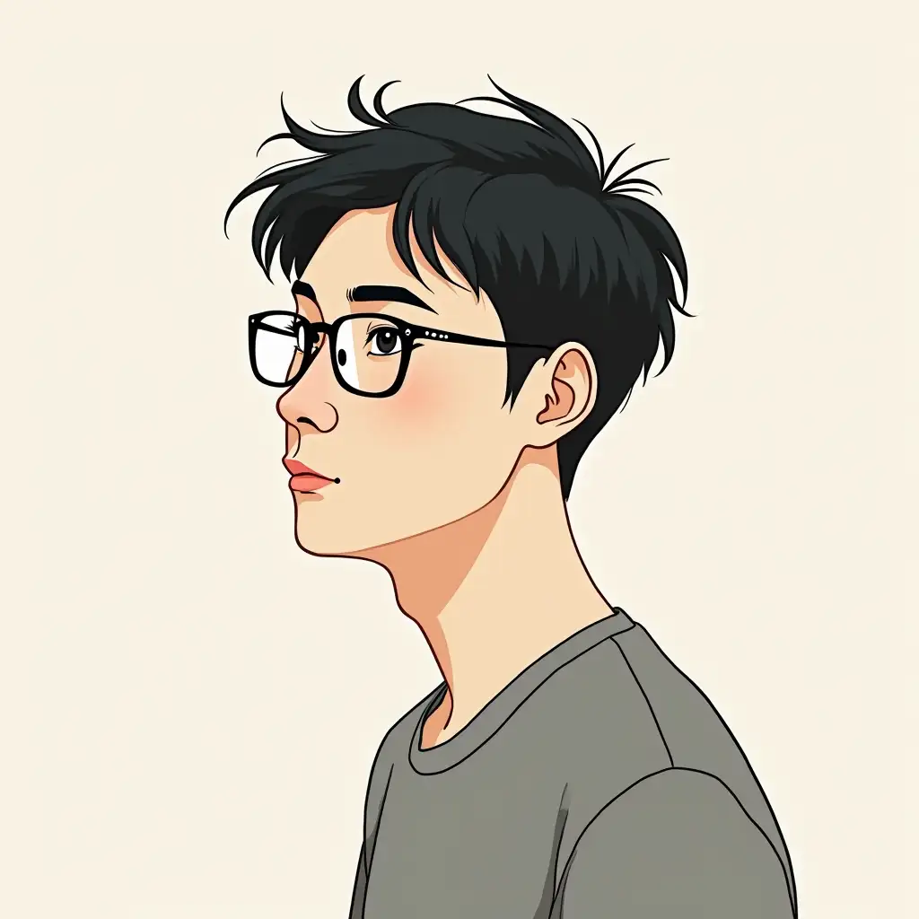 I want to make a social media platform with a linearly minimalist style avatar. I hope it's a male, short hair, 25-year-old Chinese man, wearing glasses, slim. Side face. A bit of an artistic style