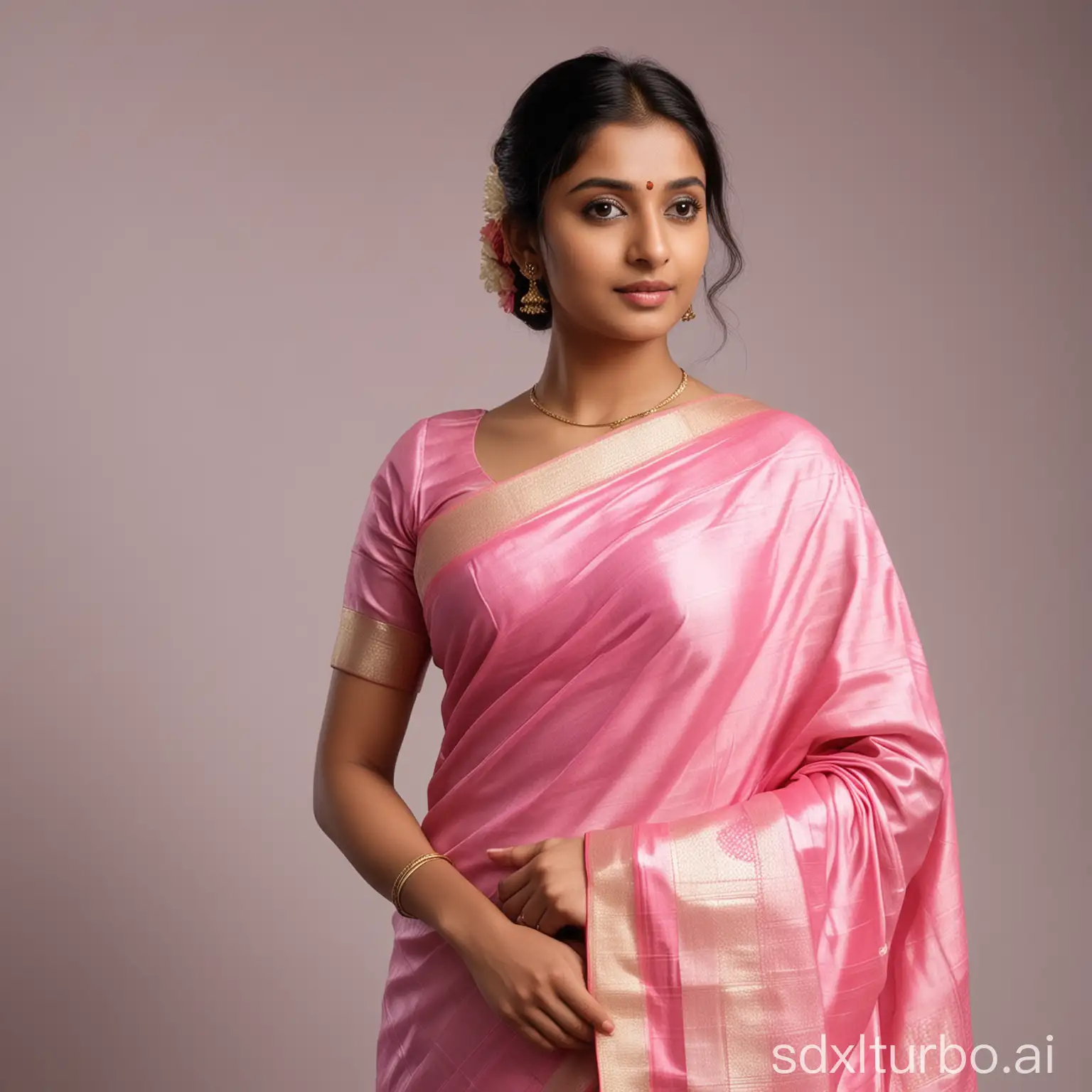 Elegant-Indian-Woman-in-Pink-Silk-Saree-Standing-Gracefully