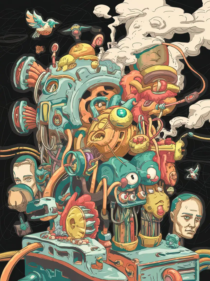 A chaotic robotic machine brimming with bizarre characters and mechanical parts, blending organic and technological elements. Central gears, tubes, and wires are detailed with smoke, eyes, and noses. Tiny, cute characters and birds fly around, alongside 5 detailed human faces. Dynamic elements like spinning wheels, exploding parts, and quirky characters engaging with the machine enhance the scene. The style is playful, futuristic, and energetic, featuring a delightful mix of animals and mechanical features.