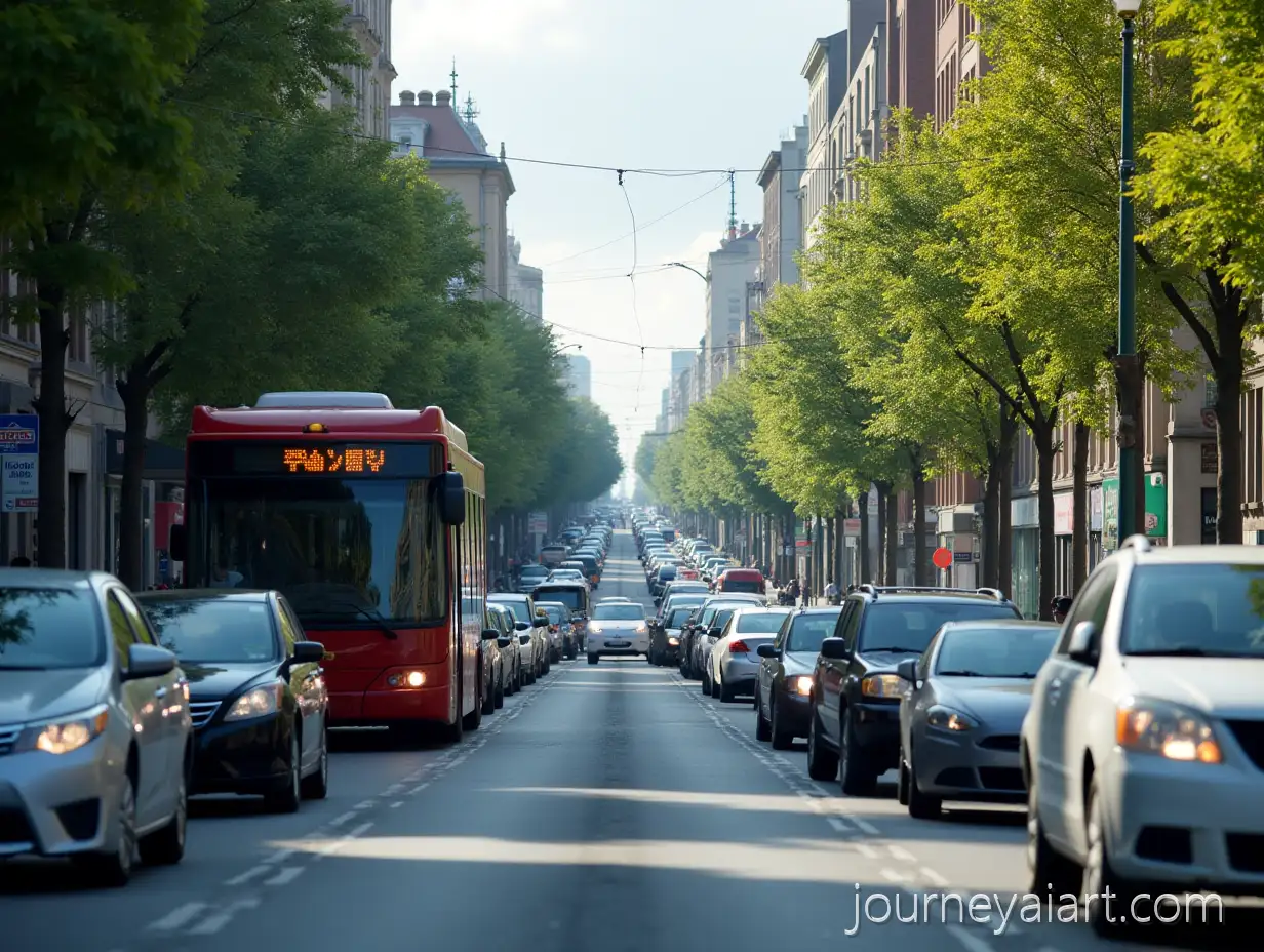Red-City-Bus-Blocking-Traffic-on-Urban-Avenue-in-Sunny-Day