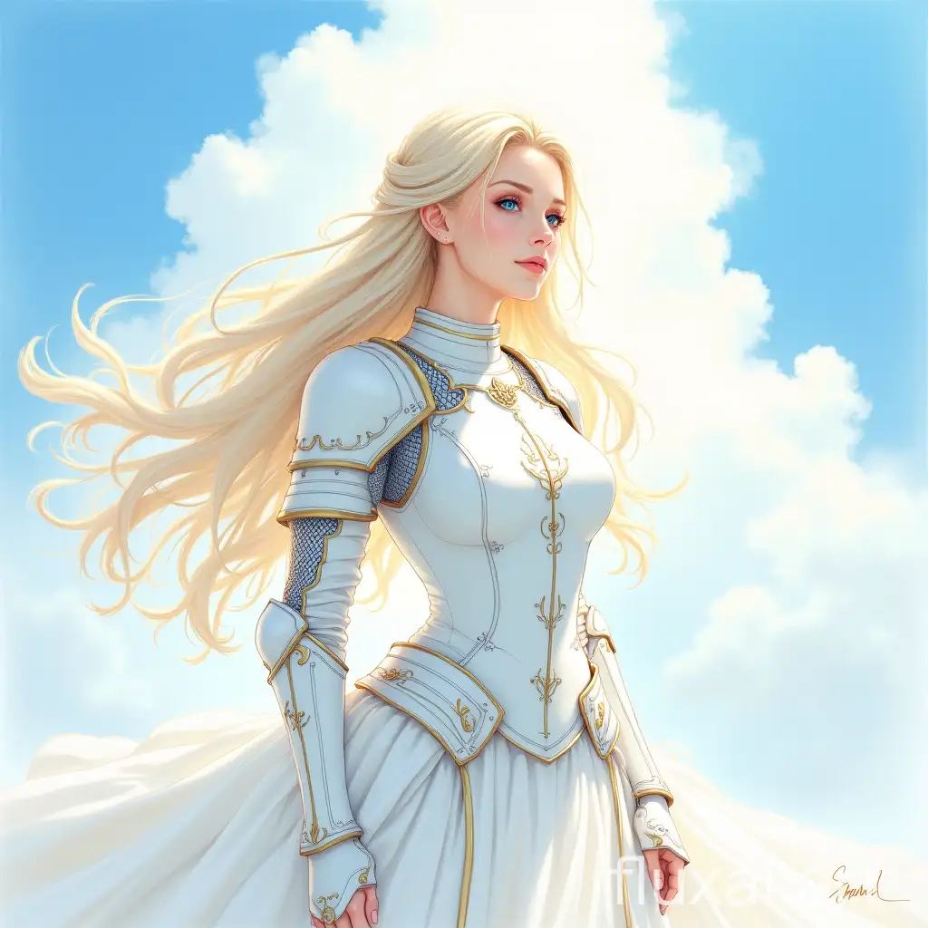 user_prompt: Beautiful female knight, princess, in a white dress, white armor, flexible, slender, long light hair, bright blue eyes, rays of light, clouds, shining, highly artistic, detailed, realistic, watercolor pencils