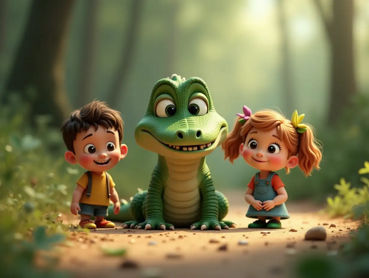 A little crocodile and some children with them. 3d animation disney inspired