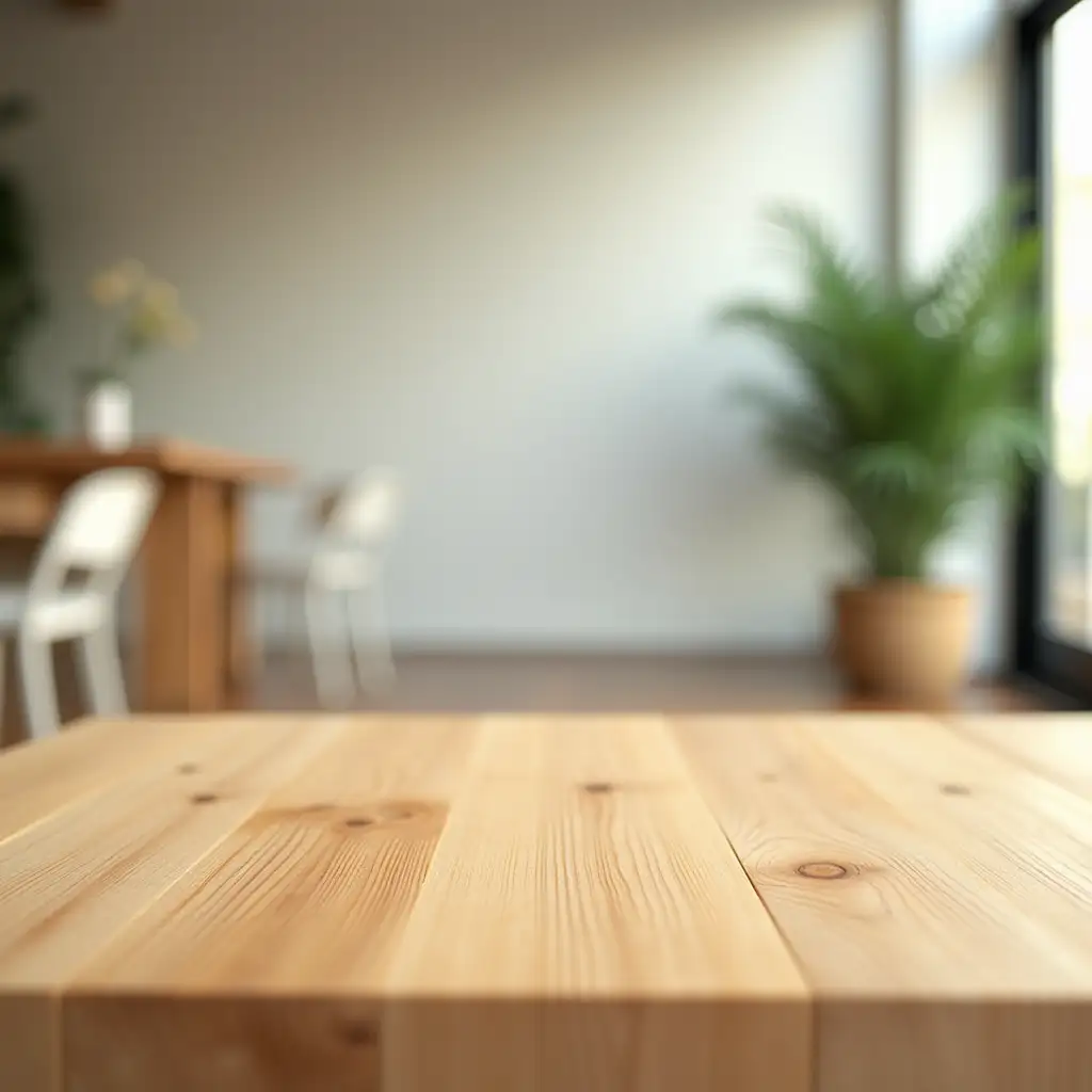 CloseUp-Wooden-Camera-on-Table-in-Bright-Coffee-Shop-with-Lush-Greenery