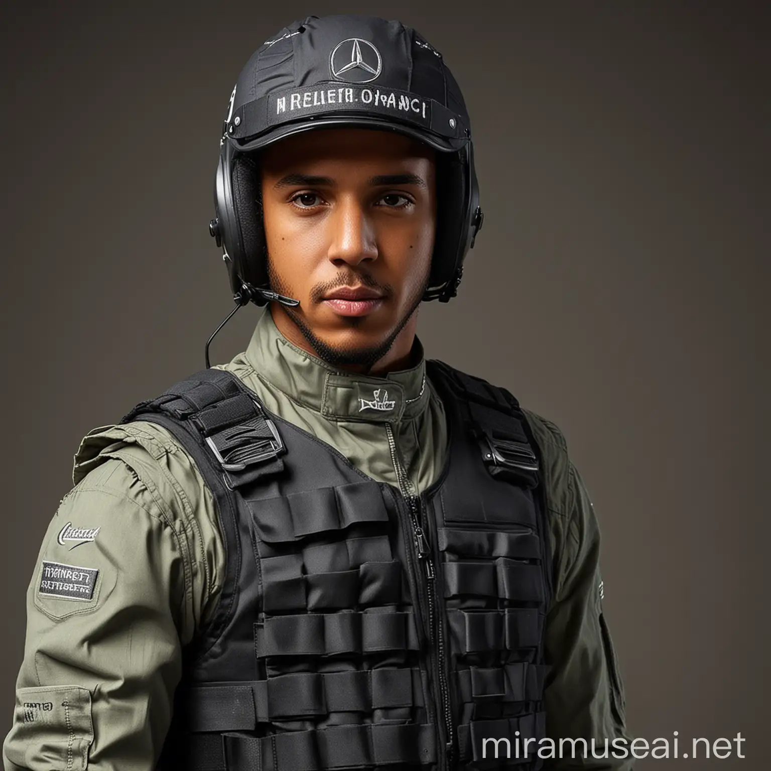 Lewis Hamilton Racing in Bulletproof Vest and Helmet