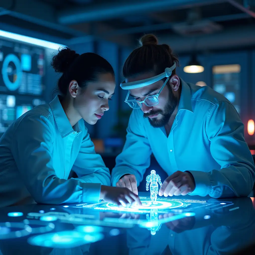 A high-quality, artistic image of a human and an artificial intelligence collaborating and helping each other. The human is working with an advanced digital display, while the AI is represented as a hologram or a small robot next to them. The setting is modern, futuristic, and filled with neon lights. The dominant colors are blue, white, and silver, evoking a sense of technology and innovation. Both characters are solving a complex problem together, showcasing trust and synergy between them. The image should be suitable for a website hero section, conveying a sense of innovation and progress.