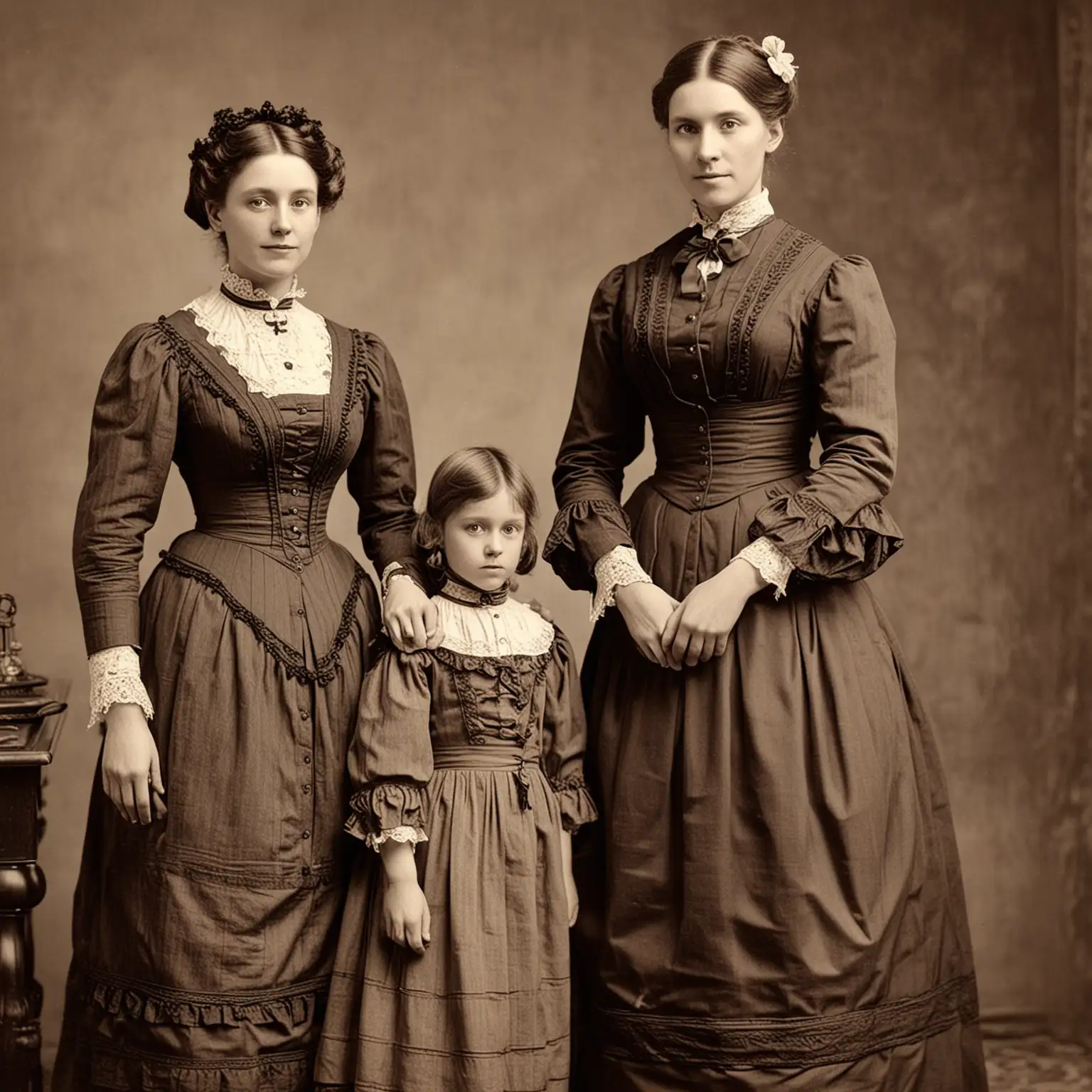 A photo of a Victorian family, mother and daughter. Wearing clothes from the 1870s. They are standing.