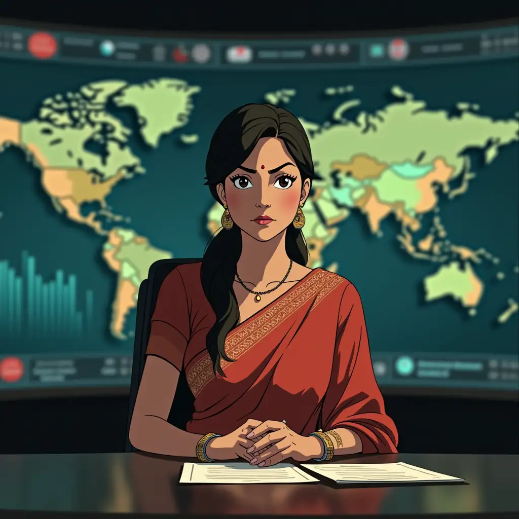 MiddleAged-Indian-Female-News-Anchor-in-HighTech-News-Studio-with-World-Map-and-Graphs