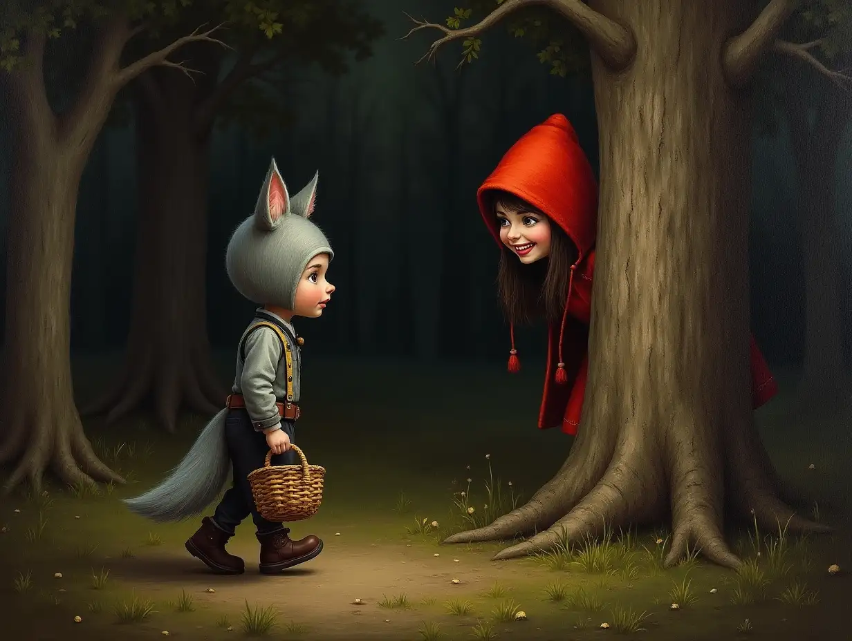 Through the dark forest walks a little wolf in a clean, tidy costume, fearfully pressing a little basket to himself. Behind the tree hides a robust girl dressed like a bandit in a red chapka, with a grinning mouth (fangs showing) watching the little wolf. Oil painting.