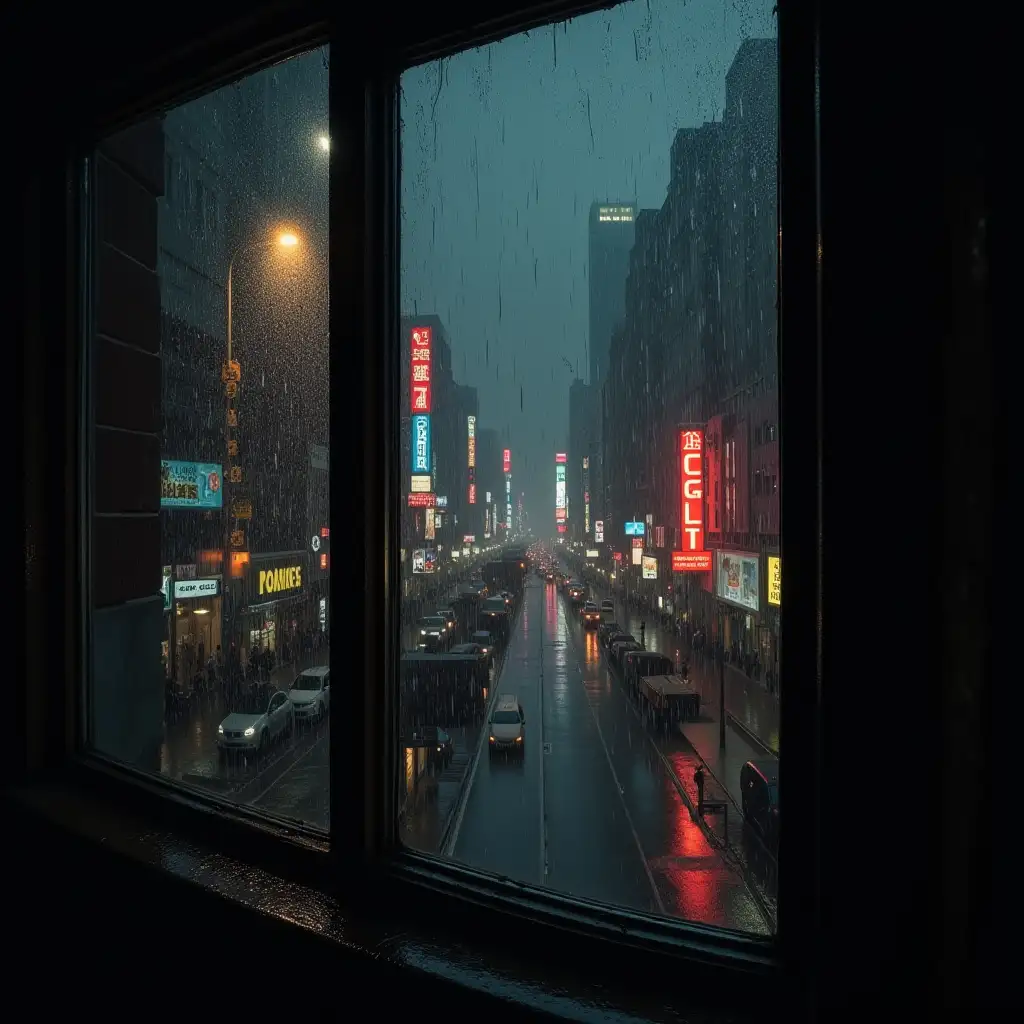 A dark city. Rain hammers against grimy windows, streaking neon signs outside.