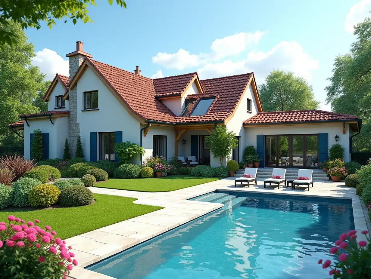 Create for me a house with a large garden and pool with a large house, colorful bushes