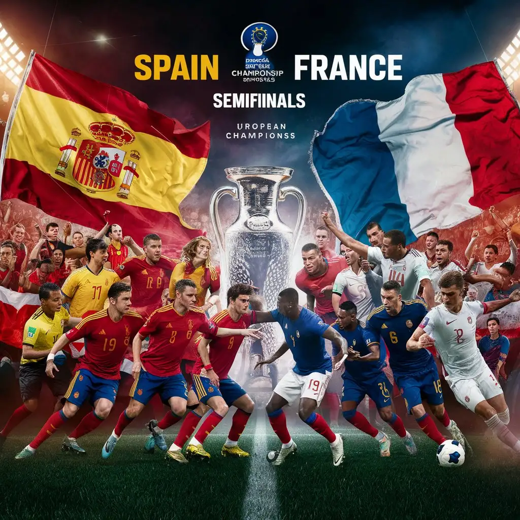 European Cup Semifinals Spain vs France Soccer Match with Trophy and National Flags