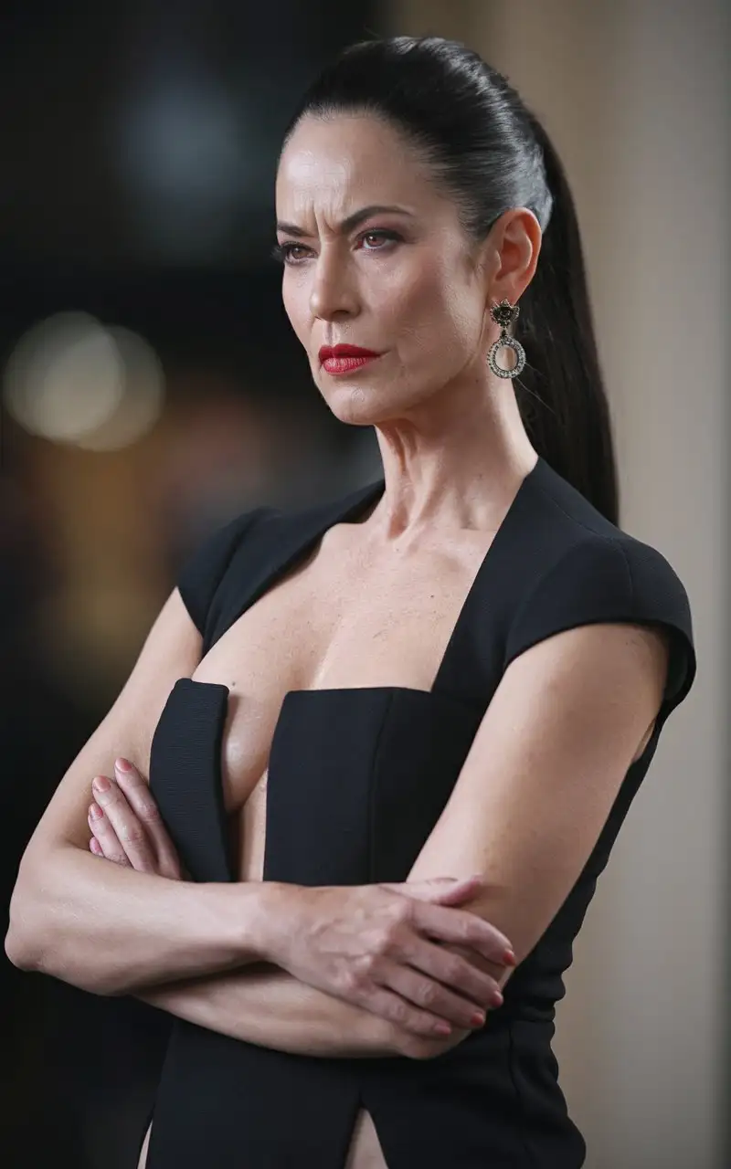 A very beautiful 40-year-old Latina with sleek black shoulder-length hair pulled back into a ponytail, high forehead, standing with arms folded across her chest, chin up, very high-heeled sandals, a short black dress with a deep neckline and a slit to the waist, Congo earrings, wide hips, bright makeup, scarlet lipstick,, cinematography, photo, 4k