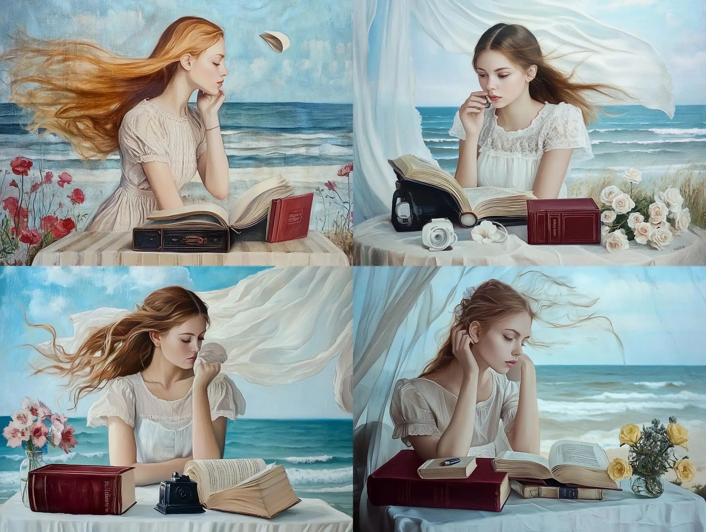 Contemporary-Girl-Drawing-by-the-Sea-with-Old-Book-and-Flowers