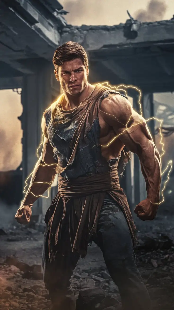 Supercharged brawn. Herculean powers. Golden electric glow. 27 years old. Contemplating destiny. Photorealistic.