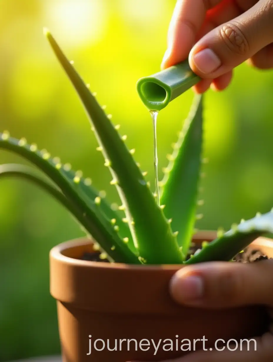 Aloe-Vera-Gel-Dripping-from-Leaf-into-Plant-Pot-with-Sunlit-Greenery-Background