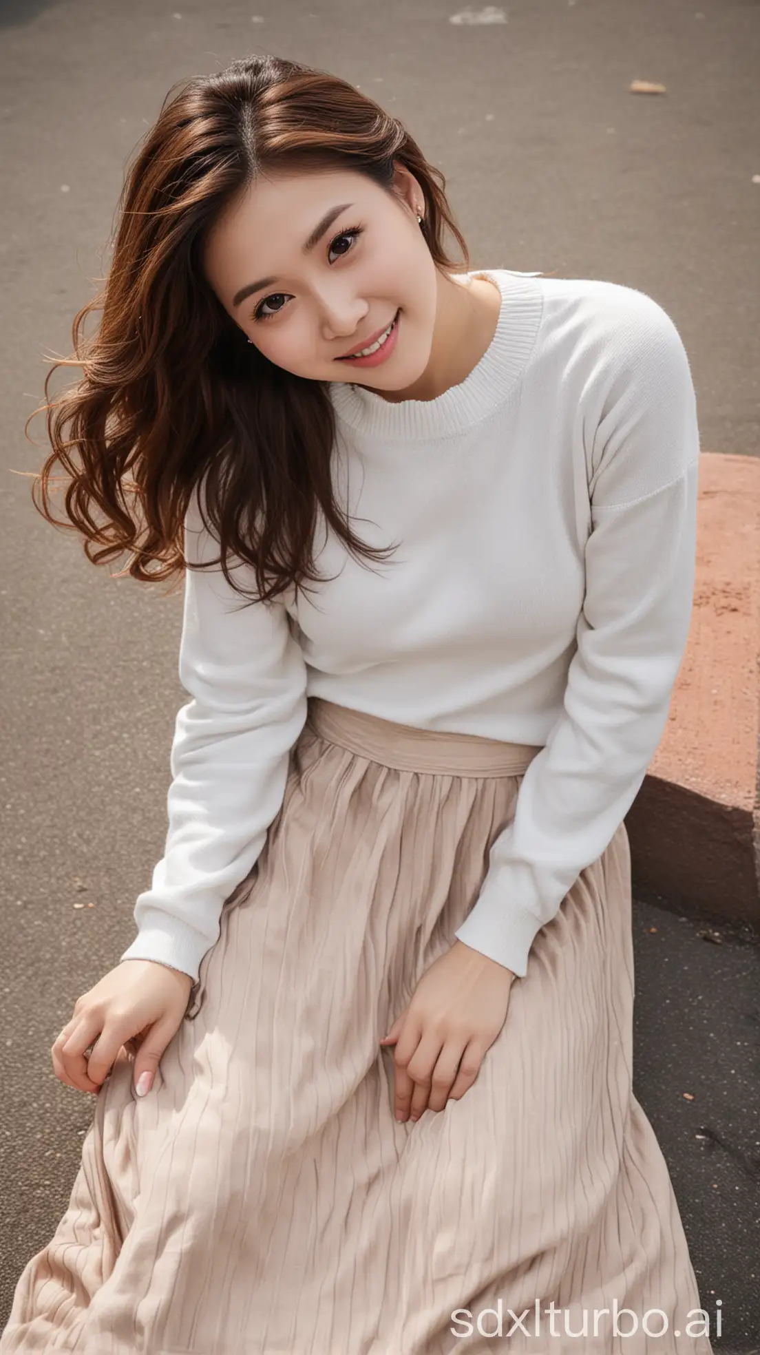 Chinese-Woman-in-White-Sweater-Lying-on-School-Playground-with-Sweet-Smile