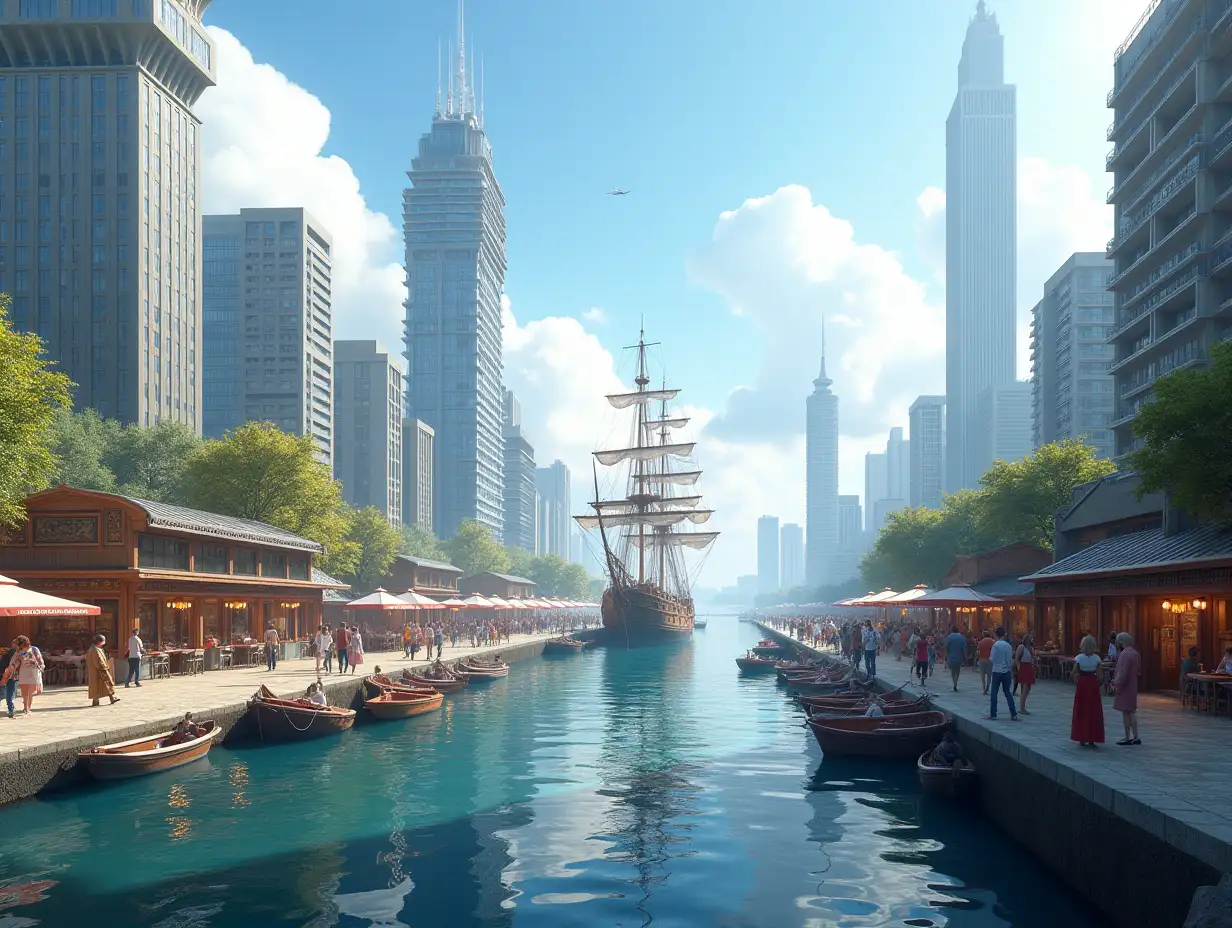 Create a photorealistic image of a modern city, with a large modern harbor, with a marketplace, with people and a large modern sailing ship, 8K resolution