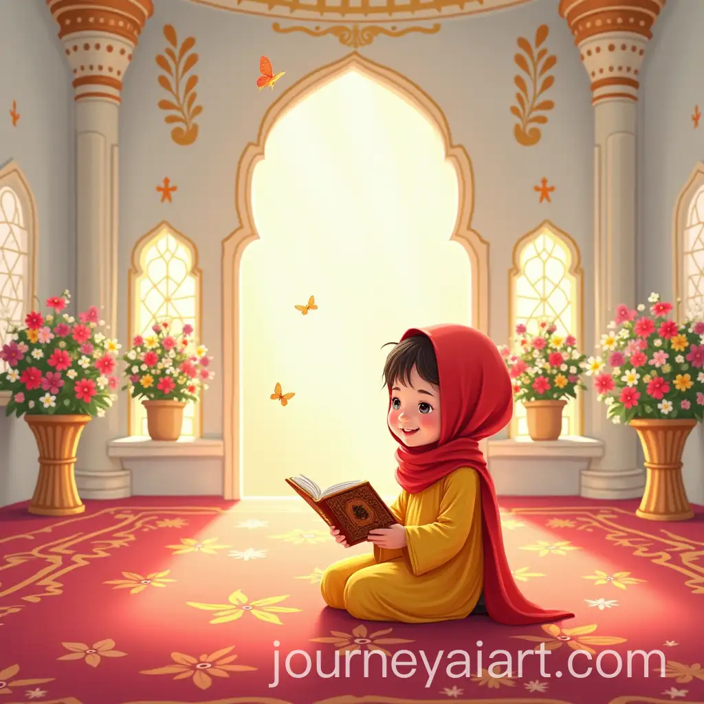 Happy-Girl-Reading-Quran-in-a-FlowerFilled-Mosque-with-Glittering-Dome-and-Colorful-Windows