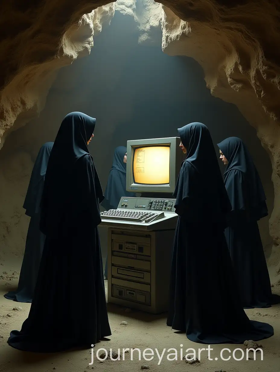 Women-in-Black-Habits-Around-OldFashioned-Computer-in-Cave